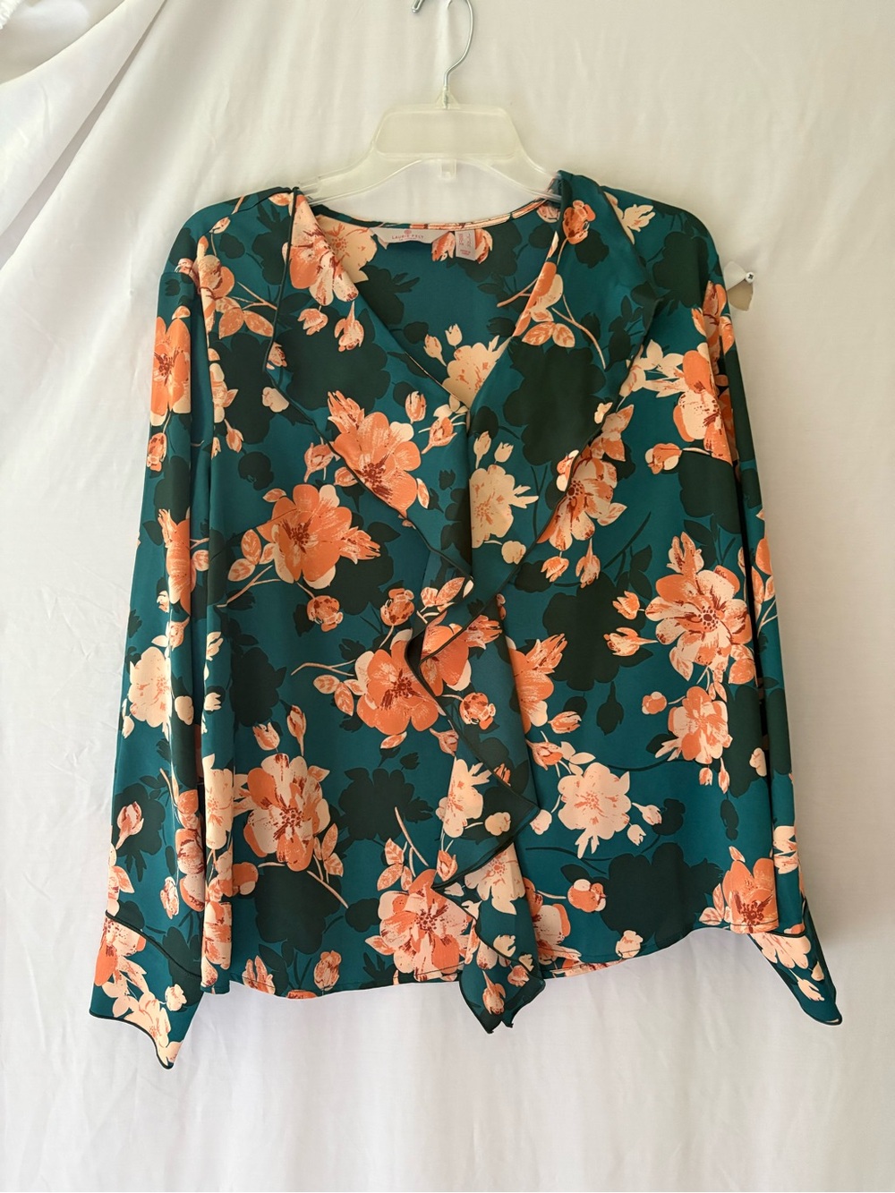 Laurie Felt Teal Blouse with Peach Floral Ruffle V-Neck